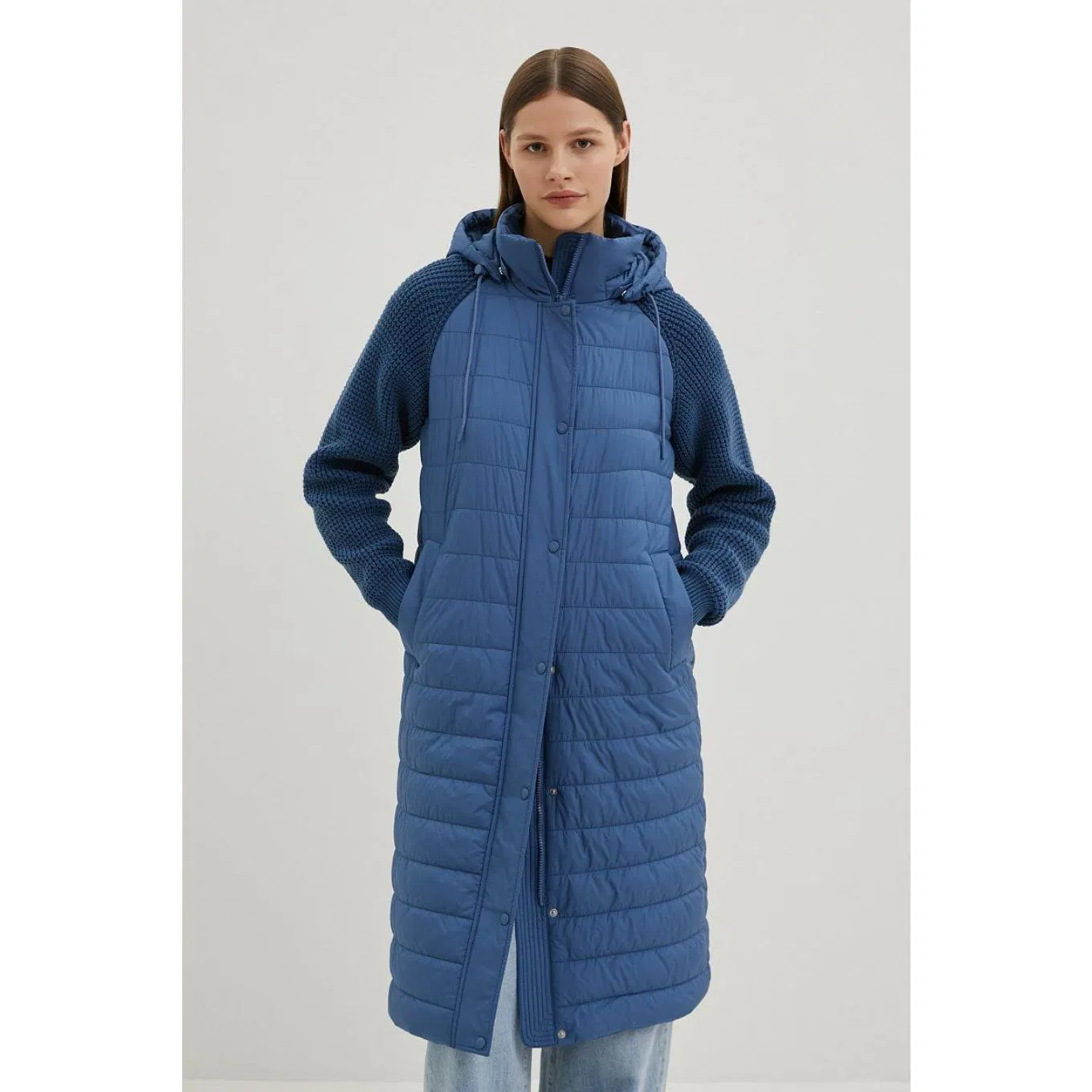 Women Long Quilted Coat with Knit Sleeves SC-05-W10